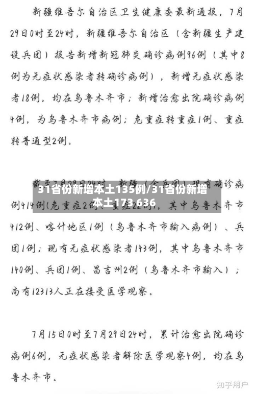 31省份新增本土135例/31省份新增本土173 636