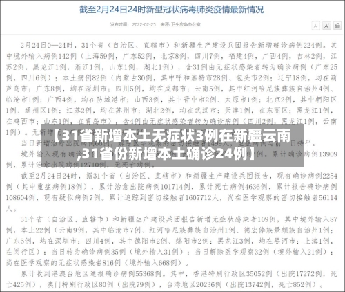【31省新增本土无症状3例在新疆云南,31省份新增本土确诊24例】
